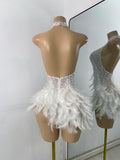 Women Sexy Halter Beading Feather Tight Bodysuit Nightclub Performance Leotard Luxury Party Celebrate Stage Wear