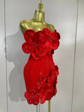 Luxury Chic 3D Beaded Flower Strapless Short Bodycon Bandage Dress Elegant Formal Party Prom Gown Birthday Wedding Guest Dresses