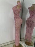 Luxury Crystal Diamonds Long Party Dress Sexy Mesh Sleeveless See Through Evening Prom Birthday Women's Clothing Singer Wear