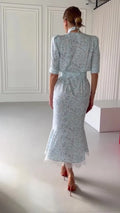 Deep V Neck Printed Ribbon Dress  Elegant Women Lace Patchwork Button Waist Cinching High Split Dress Lady Party Vestidos
