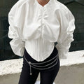 Vintage Patchwork Fish Bone Tunic Blouse for Women O Neck Puff Sleeve Spliced Zipper High End Shirts Female Autumn