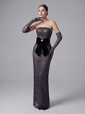 Sexy Strapless Sequin Mesh See Through Long Dress with Gloves Women Perspective Design Slim Dresses Evening Party Gowns