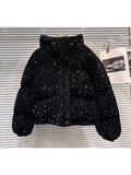 Womens Black Sequin Puffer Coat Zip Up Stand Collar Pockets Warm Jacket Fall Winter Party Club Streetwear Trendy Lady Cozy Wear