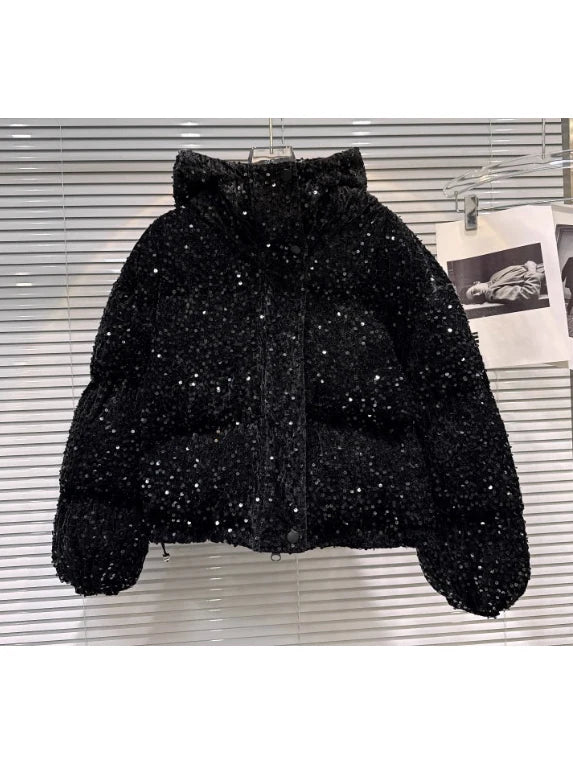 Womens Black Sequin Puffer Coat Zip Up Stand Collar Pockets Warm Jacket Fall Winter Party Club Streetwear Trendy Lady Cozy Wear