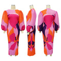 Elegant Women Pleated Half Lantern Sleeve O-neck Slim Maxi Long Dress Print Fashion Autumn 2024 Ruched Dresses Vestidos