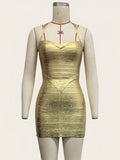 Sexy Bandage Halter Backless Gold Mini Dresses Women's Spaghetti Strap Bodycon Dress 2026 New Ladies Summer Clubwea