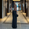 Thin Strap Diamond Back Women Maxi Dress Round Neck Cut Out Irregular Back Buckle Detail Fitted Waist Floor Length Long Dress