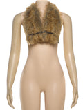 Sexy Furry Tank Top Women Halter Backless Leopard Simple Wild Gothic Punk Slim Hottie Street Midnight Clubwear Vest