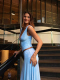 Chic Light Blue 2 Piece Outfit Women Deep V Neck Sleeveless Ruched Crop Top Low Waist Flowy Maxi Skirt Suit Party Matching Sets