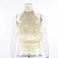 High End Sexy Shiny Fabric Halter Neck Vest Female Sleeveless Ruched Design Backless Tank Top for Chic Daily Outing