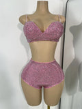 Women's Rhinestones Top Shorts Sets Nightclub Show Three Pieces Outfit Nightclub Performance Singer Dance Costume Stage Wear