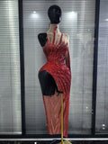Heavy Red Sparkly Crystal one shoulder Split Dress Sexy mesh see Transparent Birthday party latin outfit Celebrate show Designer