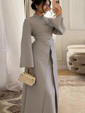Chic Oriental Slim Long Dress Set Women Casual Stand Collar Full Sleeve Knot Button Slit Hem Suit Spring Lady Street Wears New