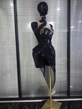 Shining Rhinestones Women Sexy Off the Shoulder Mesh See Through Bodycon Mid-calf Dress Nightclub Party Celebrate Stage Wear