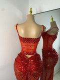 Sparkly Red Rhinestones Sequins Alluring See Through 2 Piece Maxi Dress 2025 Women's Evening Birthday Party Stage Show Outfit