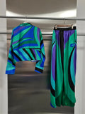 Printing Two Piece Set for Women Lapel Long Sleeve Short Shirt Mid Waist Satin Wide Leg Pant Fashion Suit Female