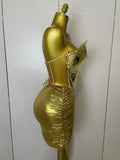 Sparkly Gold Sequin Sexy Top Two Pieces Set 2025 Women Celebrate Party Birthday NightClub Performance Dancer Show Stage Outfit