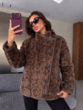 Solid Faux Shearling Coat Women Stand Collar Asymmetric Button Faux Leather Patchwork Winter Streetwear Thick Plush Outerwear