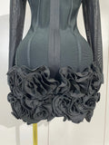 Sexy 3D Red Black Rose Flowers Mesh Long Sleeve Bandage Mini Dress Evening Prom Birthday Party Photo Shoot Cocktail Party Dress