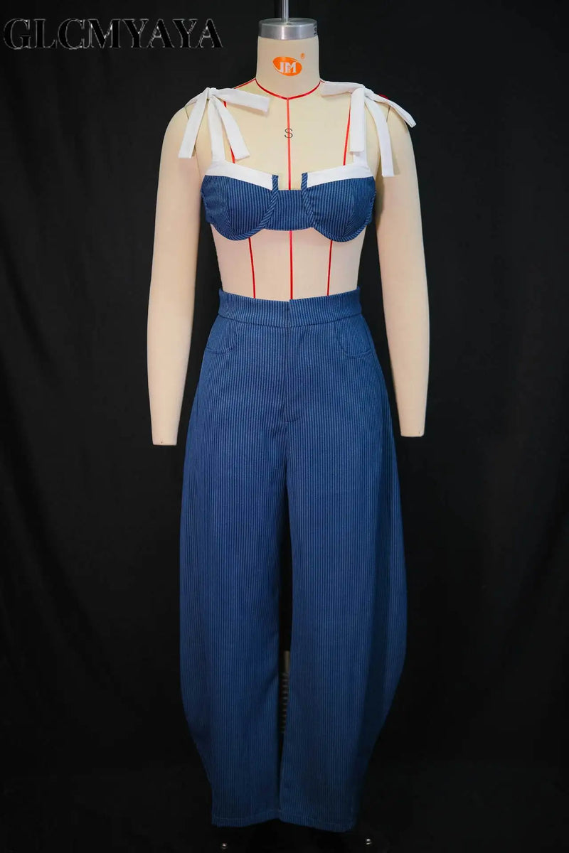 Street Women Set Striped Strapless Bow Crop Top and Long Pants 2026 Spring Party Vacation Sexy Two 2 Piece Set Outfits