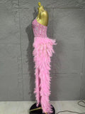 Sparkle Rhinestone Feather Sexy Mesh Long Dress Evening Party Birthday Performance Photoshoot Red Carpet Costume