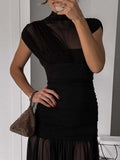 Solid Slimming Spliced Folds Dress for Women O Neck Sleeveless Elegant Temperament Dresses Female Summer Fashion