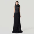 Sexy Stand Collar Flowers Pleated Patchwork Long Dress Women Sleeveless Folds Slim Elegant Dresses Evening Party Gowns
