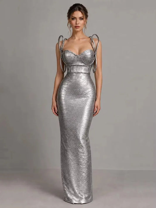 Women Sleeveless Bodycon Bandage Corset Long Dress Celebrity Elegant Gold Evening Party Luxury Birthday Dress Vestidos