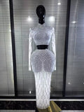 Sparkly Rhinestones Women Long Sleeve Mesh See Through 2 Pieces Bodycon Long Dress Nightclub Party Birthday Celebrate Outfit