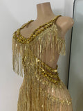 Sparkly Diamonds Sequins Fringes Luxury Jumpsuit Gold Sleeveless Mesh Performance Dance Costume Nightclub Singer Stage Rompers