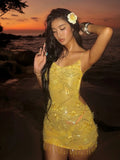 Beaded Tassel Dress Women Sequin 3d Flower See Through Backless Sleeveless Sexy Beach Party Midnight Mini Bodycon