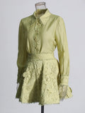 Solid Loose Two Piece Set For Women Lapel Long Sleeve Top High Waist Embroidery A Line Skirt Elegant Sets Female