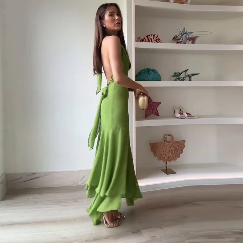 Elegant Women's Halter Long Dress Casual Hollow Out Backless Ruffles Maxi Dresses Evening Wedding Guest Party Summer New Prom