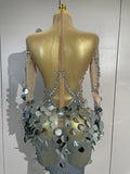 Luxury Silver Sparkly Diamonds Sequins Birthday Evening Party Nightclub Stage Wear Sexy Mesh See Through Long Sleeves Long Dress