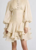 Cream Victorian-inspired Short Dress Women Chic Puff Sleeve Ruched Tiered Waist Cinching Party Dresses 2026 Lady Trendy Vestidos