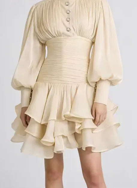 Cream Victorian-inspired Short Dress Women Chic Puff Sleeve Ruched Tiered Waist Cinching Party Dresses 2026 Lady Trendy Vestidos