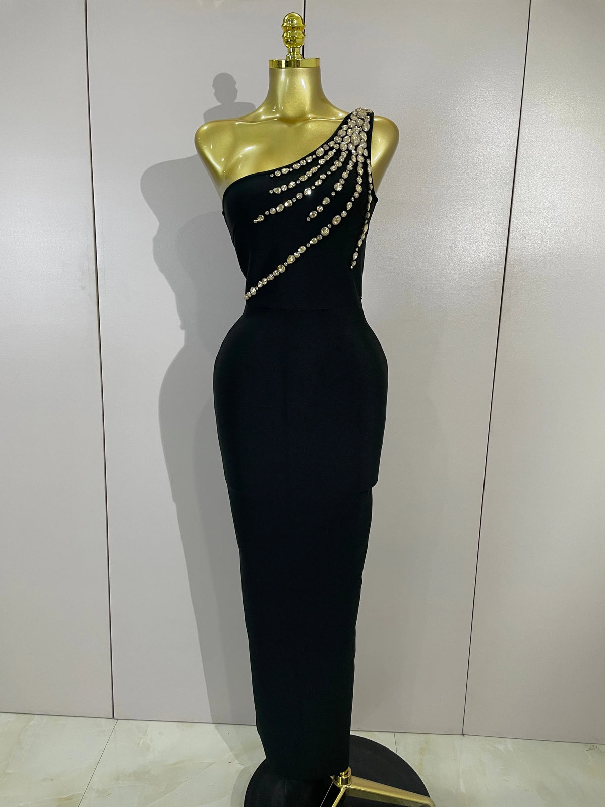 Elegant Black One Shoulder Sparkly Diamond Bodycon Bandage Long Dress Celebrity Evening Party Club Prom Luxury Birthday Dress