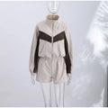 Color Block Zip Up Two Piece Set Women Long Sleeve Stand Collar Cropped Jacket High Waist Shorts 2026 Spring Summer Casual Suit