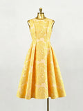 New Embroidery Elegant Yellow Midi Dresses For Women O Neck Sleeveless High Waist Temperament Female Fashion Style Dress