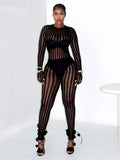Hottie See Through Jumpsuit Women O-Neck Irregular Stripe Patchwork Jacquard Hollow Sexy Street Stretch Slim Overall