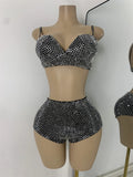 Women's Rhinestones Top Shorts Sets Nightclub Show Three Pieces Outfit Nightclub Performance Singer Dance Costume Stage Wear