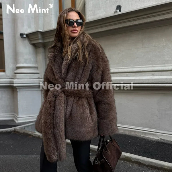 Winter 2026 New Stylish Mocha Brown Belted Wrap Fur Coat Women Street Fashion Girls Fluffy Faux Fox Fur Jacket Overcoat