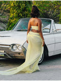 Sexy Yellow Chiffon Halter Maxi Dress Lady Chic Hollow Out Backless Lace Up Sleeveless See Through Robe Female Spring Party Wear