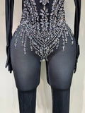 Stock Women Sexy Club Evening Party Wear Drag Queen Singer Dancer Stage Performance Costume Sparkly Rhinestone Stretch Jumpsuit