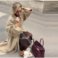 Camel Lapel Collar Coat Women Maxi Brushed Fuzzy Wool Self Tie Belt Waist Cinched Jacket Oversized Chic Autumn Winter Outerwear