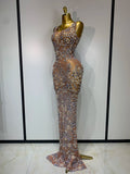 Women Lxury Diamonds Mesh See Through Long Dress Celebrity Elegant Evening Party Fancy Club Dress Singer Performance Costume