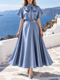 Satin Two Piece Sets for Women Bow Tie Mock Neck Blouse High Waist Flared A‑Line Maxi Skirt for Formal Banquet Party Wear