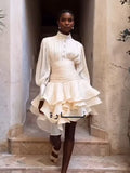 Cream Victorian-inspired Short Dress Women Chic Puff Sleeve Ruched Tiered Waist Cinching Party Dresses 2026 Lady Trendy Vestidos