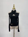 Sexy Off Shoulder Hollow Out Slim T Shirt for Women Halter Long Sleeve Spliced Metal Buckle Temperament Tees Female Fashion