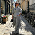 Grey Long Sleeve 2 Piece Outfit Chic Lapel Zip Slim Top Long Fringe Wide Leg Pants 2026 Autumn Women Casual Lady Matching Set